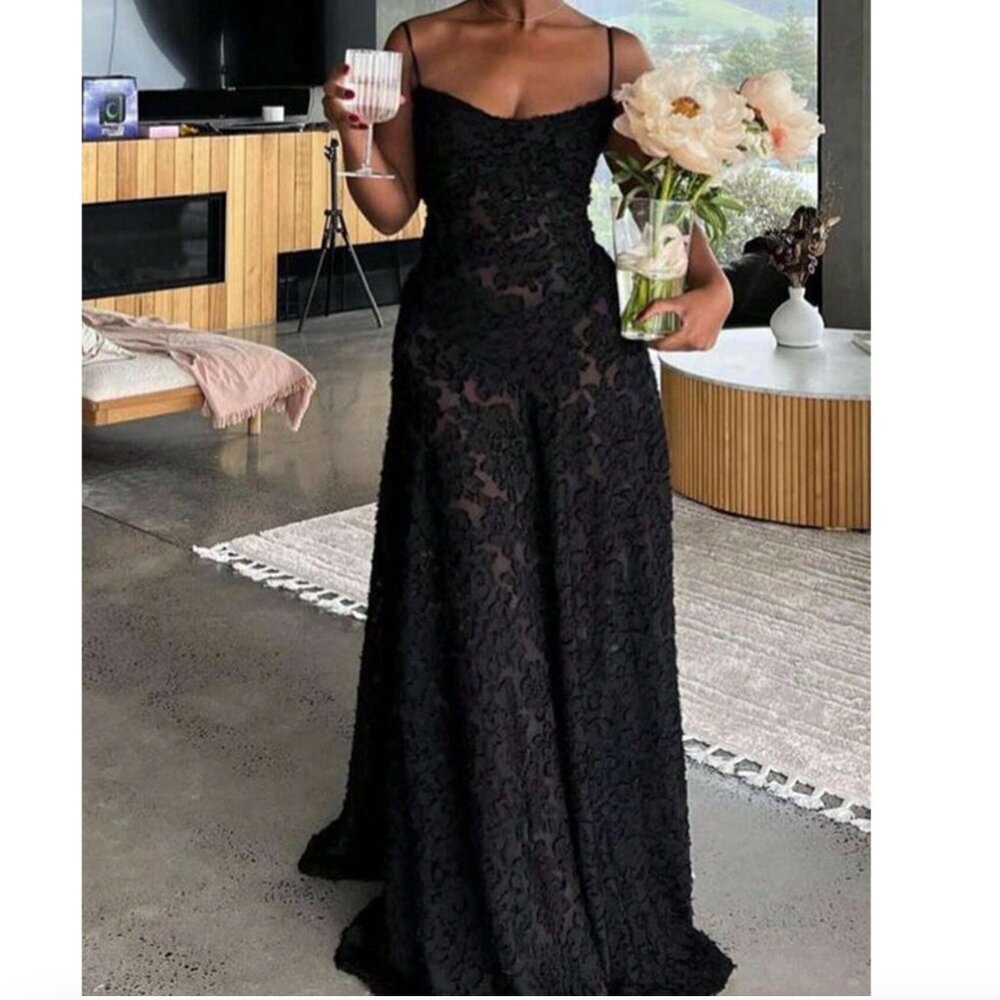 House of CB ‘Seren’ Black Floral Lace Back Maxi Dress NWOT size M‎ regular A-C - Picture 2 of 12